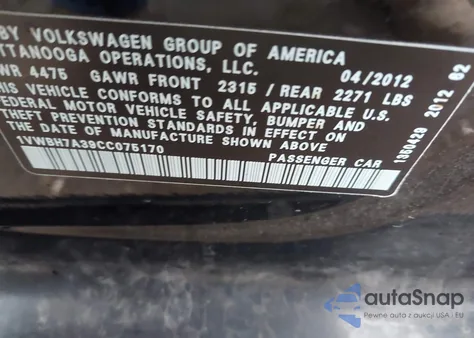 2012 Volkswagen Passat 2.5L Se z USA, uszkodzony, nr VIN 1VWBH7A39CC075170